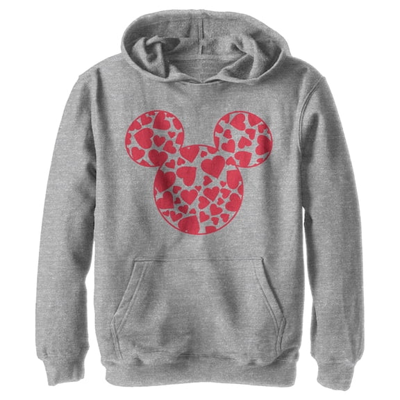 Boy's Mickey & Friends Mickey Mouse Logo Filled With Hearts  Pull Over Hoodie Athletic Heather Medium