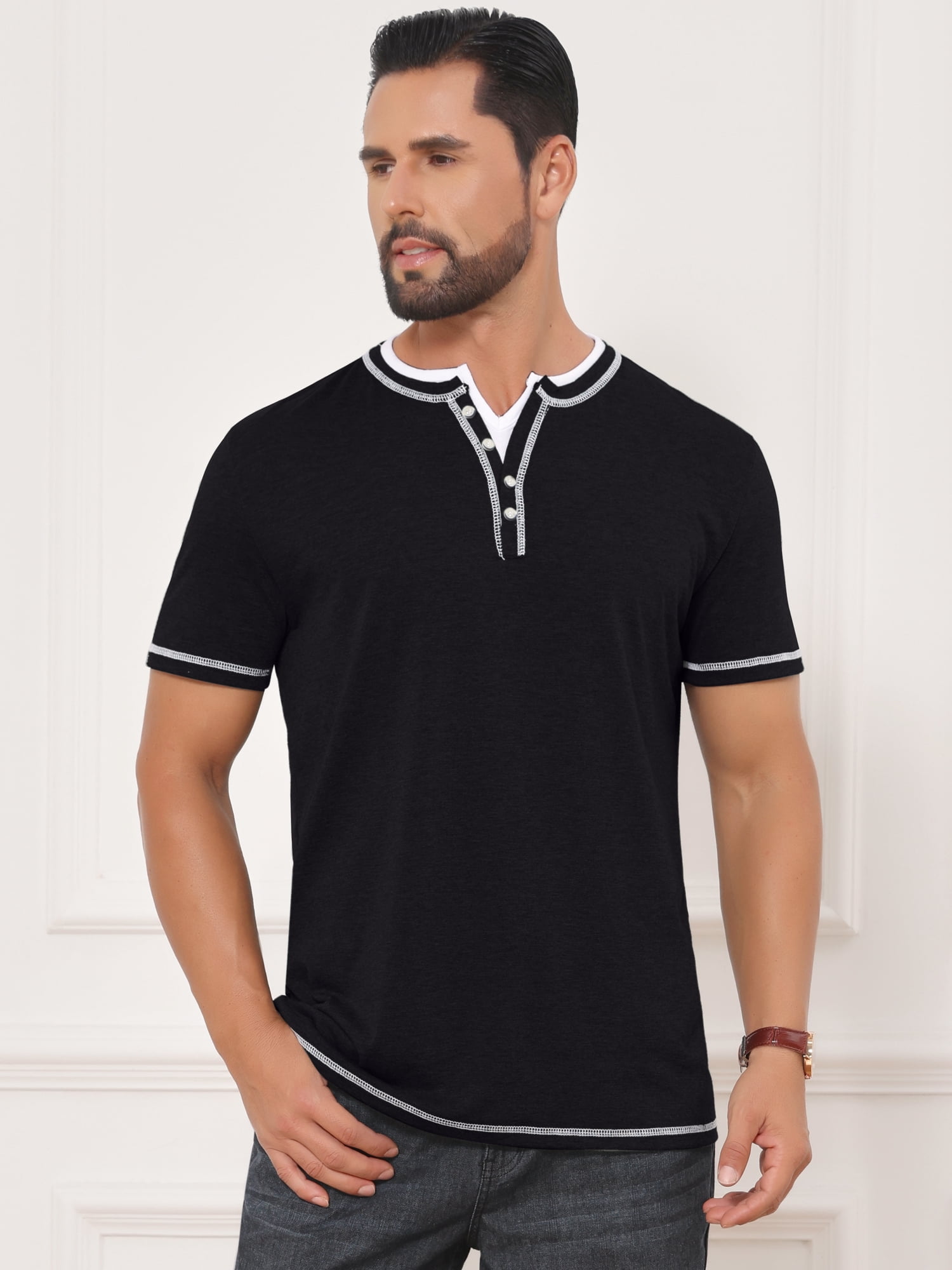 DARING DIVA Men's Henley V-Neck Colorblock Button Down Short Sleeve T-Shirt XL Black