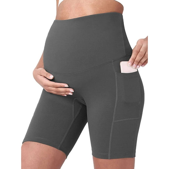 Spencer Women's Maternity Bike Shorts Yoga Leggings Over The Belly Bump Pregnancy Workout Running Active Athletic Shorts with Pockets (M, Gray)