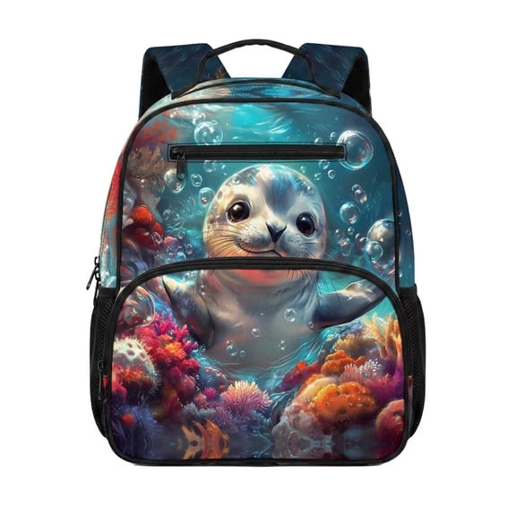 Aplkyhs Cute Ocean Seal Backpack for Kids Teens Age 6-18 Cute Cartoon Print School Bag Ergonomic Adjustable Straps Lightweight Bookbag for School Travel