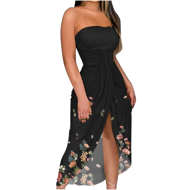 Womens Summer Print Strapless Long Dress Beach Split Dress Party Club Dress