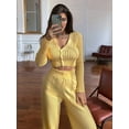 thumbnail image 3 of Women'S Solid Color Knitted Casual Hollow Commuter Suit Long Sleeve Button Top High Waist Pants Two-Piece Suit Yellow M, 3 of 6