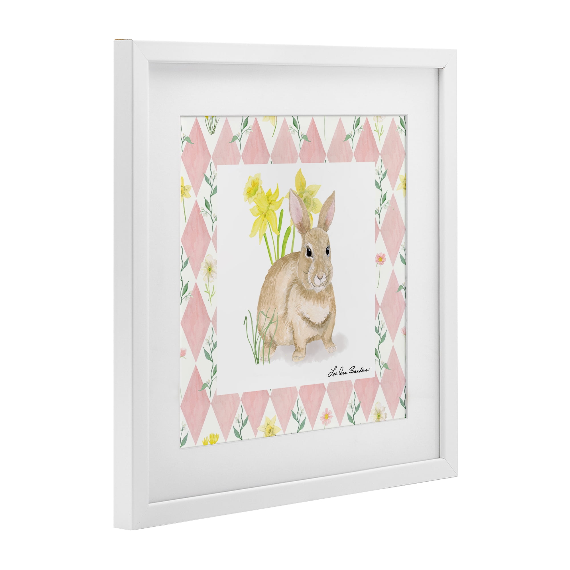 Bunny on Pink Argyle White Framed Print Under Glass, design by Lee Ann Sanders