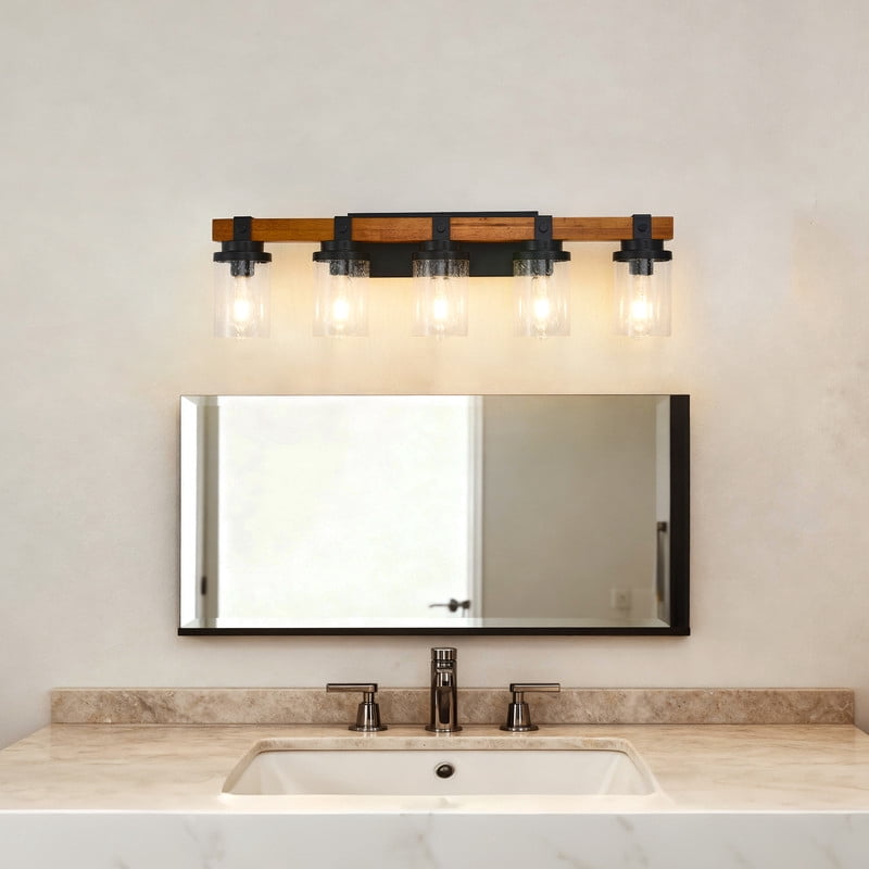 TICOZE 5-Light Matte Black and Wood Wall Lamps with Glass Lamp Shades Vanity Lighting Fixtures for Bathroom Kitchen Dining Room (Bulbs Not Included)