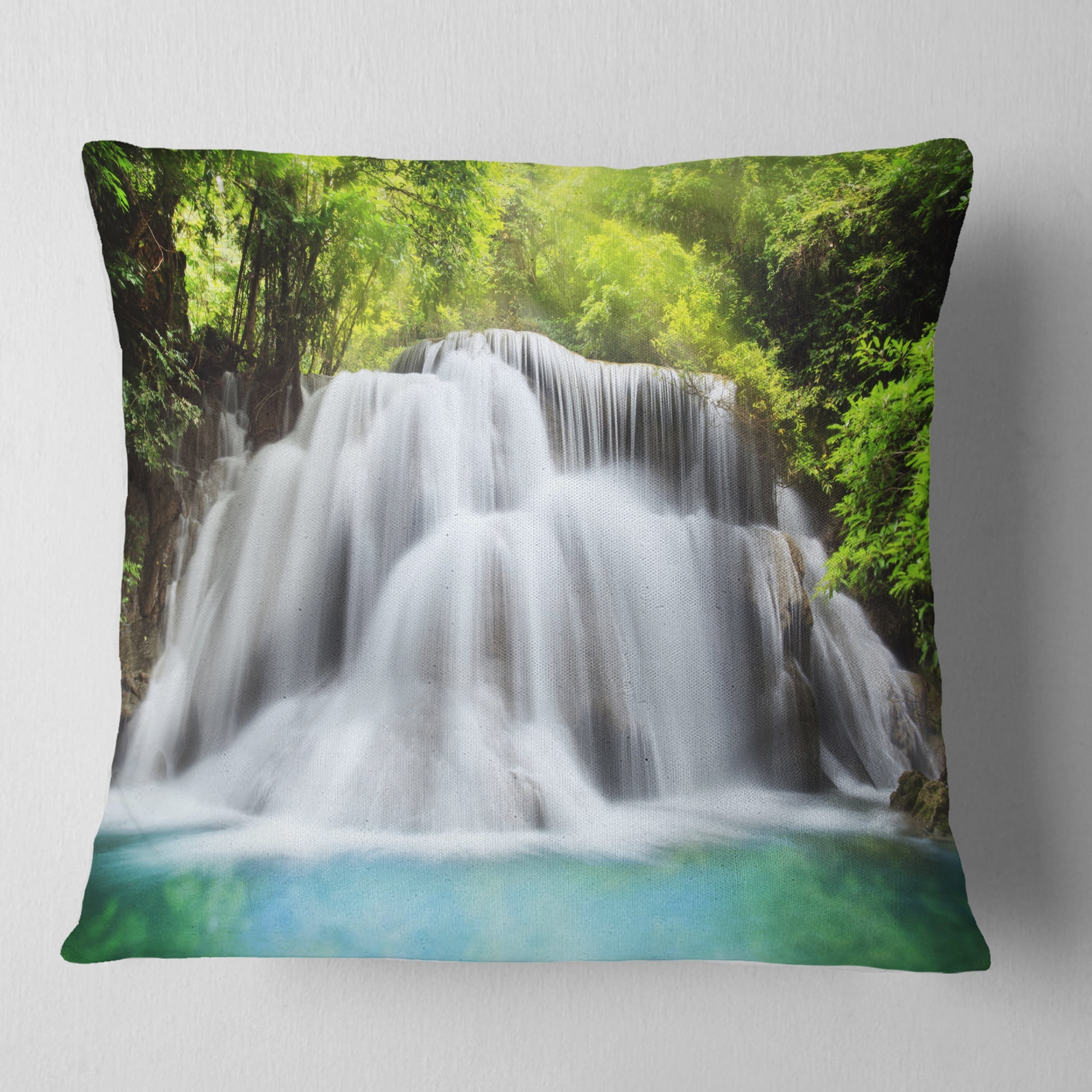 Designart Huai Mae Kamin Waterfall - Landscape Printed Throw Pillow - 16x16
