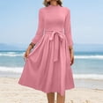 thumbnail image 2 of WTOBBY Women's Solid Color Belted Round Neck 3/4 Sleeve Dress, Minimalist Midi Sundress with Casual Elegance for Everyday Wear,Pink M, 2 of 5