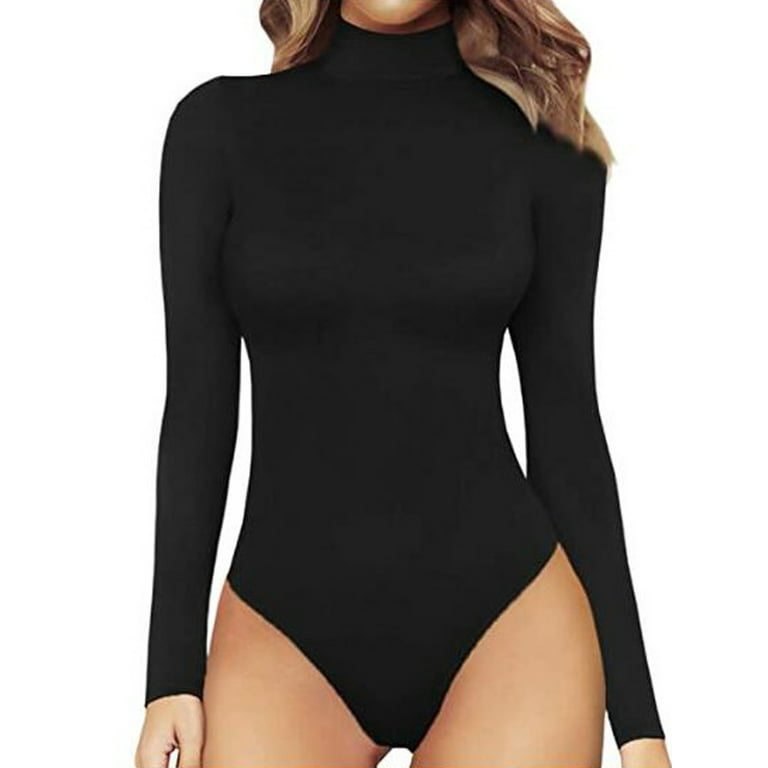 LELINTA Womens Basic Solid Long Sleeve Round V Neck Bodysuit Lingerie with  Stretch, S-XL, Black
