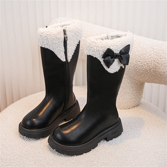Eltusu Girls Riding Boots Mid Calf, Bow Warm Winter No Slip Windproof Boots Black Size 9.5 Little Kids