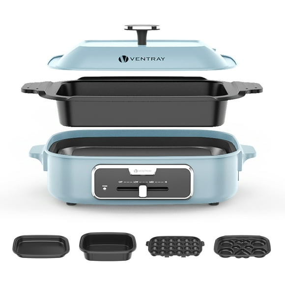 Indoor Electric Grill Appliance Griddle Party Electric Skillets Set with 5 Removable Nonstick Plates for Grilling, blue
