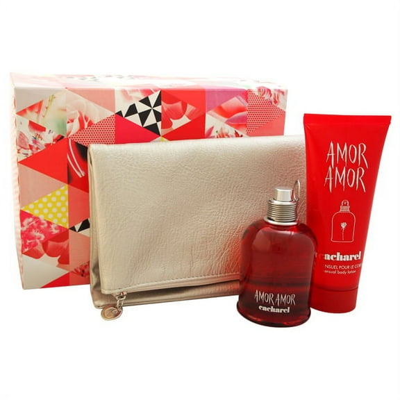 Amor Amor by Cacharel for Women - 3 Pc Gift Set 3.4oz EDT Spray, 3.4oz Body Lotion, Clutch