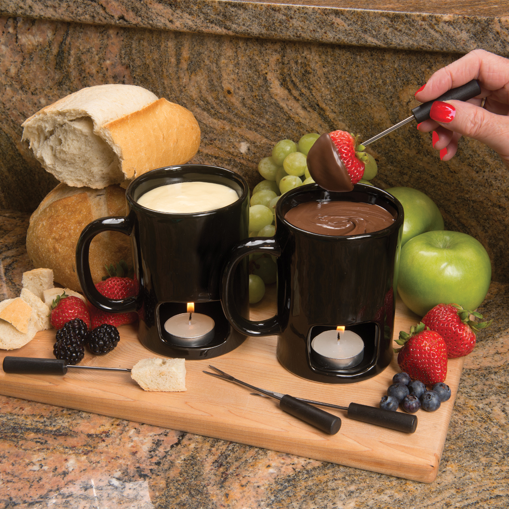 Evelots Set Of 2 Personal Fondue Mugs Set, 8 Votives Included, Black Or White by Green Mountain Imports