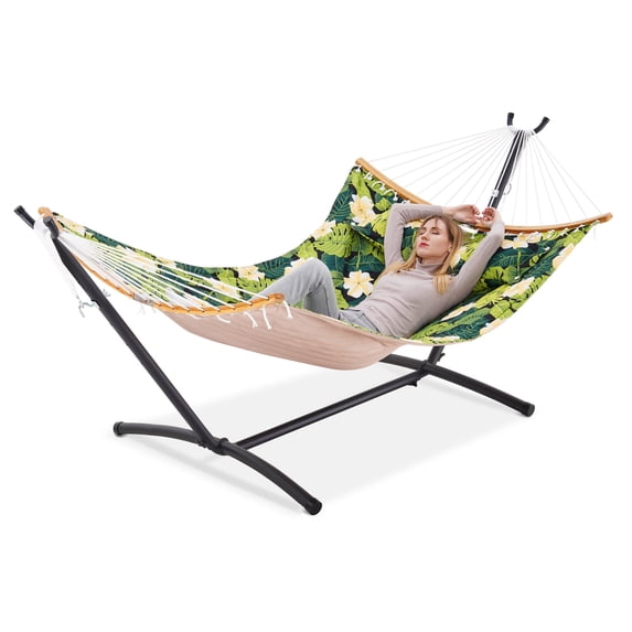 Space-Saving Hammock with Stand, 2 Person 550 Pound Capacity, Outdoor Patio Yard Indoor Hammock Bed, Quilted Fabric