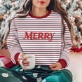 thumbnail image 2 of SwiftWear Unisex Christmas Striped "MERRY" Print Fleece-Lined Sweatshirt Cozy Crewneck Pullover Holiday Couples Matching Top for Women Men Wine, 2 of 9