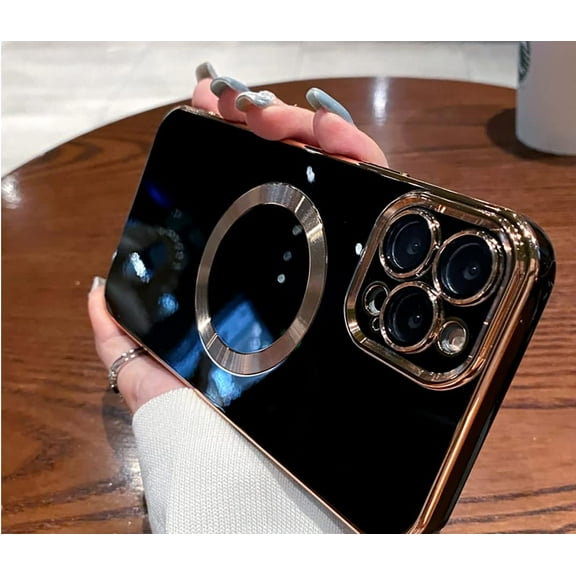 Designed for iPhone 14 Pro Max Case for Women & Girls [Compatible with MagSafe] Luxury Plating Gold Bumper Phone Cover Full Camera Protection Cover for iPhone 14 Pro Max 6.7 Inch-Black