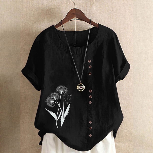 Karight Womens Cotton Gauze Shirt Dandelion Print Summer Beach Blouse Short Sleeve Casual Loose Comfy Tunic Tops Plus Size