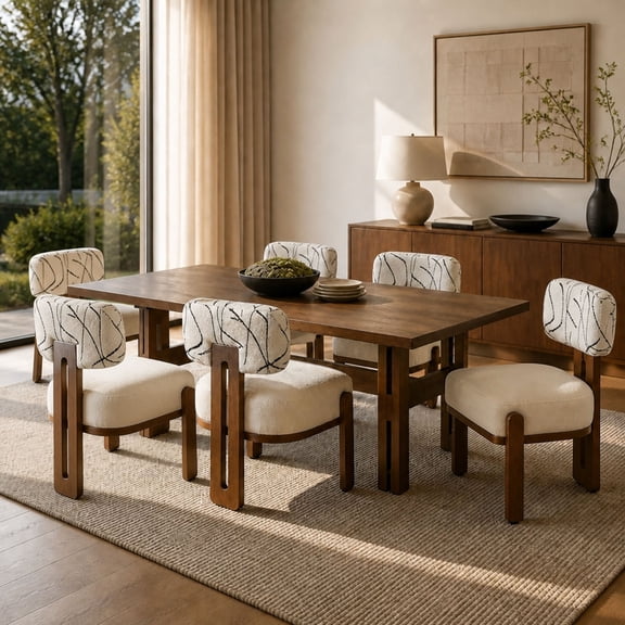 Christopher Knight Home 7-Piece Dining Set, Rectangle Table and Upholstered Armless Chairs, Walnut Beige