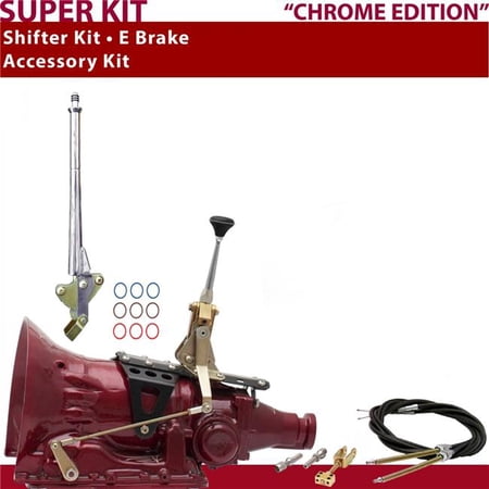 American Shifter TH350 Shifter Kit 6 in. E Brake Cable Chrome Push Button 11 Handle Ringed Knob for D49D8