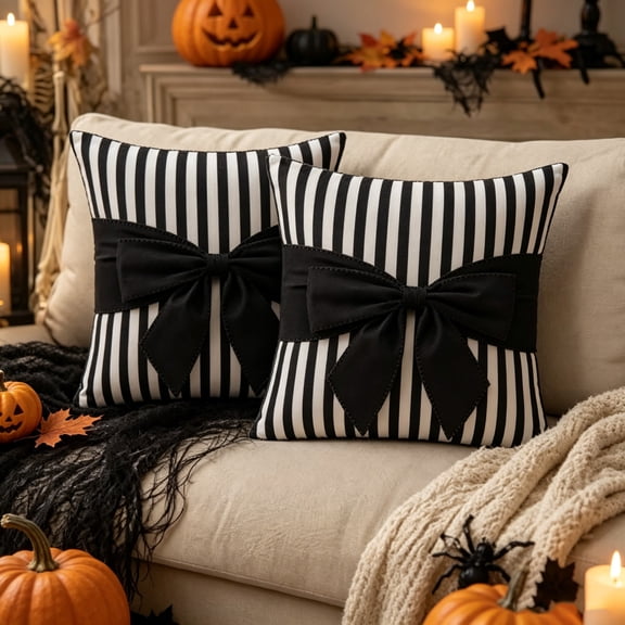Aonerit Black White Striped Pillow, Sew On Bow Cushion, 14 Inch Decorative Pillow, Sofa Bedroom Home Decor