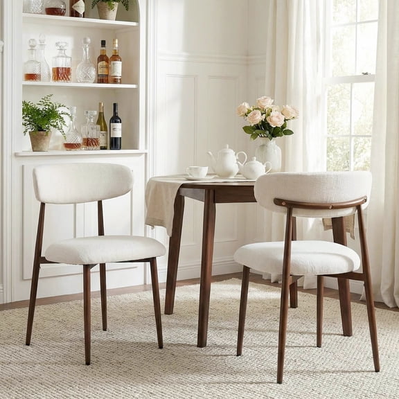 Furniliving Dining Chairs Set of 2 with Linen Upholstery, Curved Ergonomic Backrest & Walnut Grain Metal Legs. Farmhouse Kitchen Side Chairs with Curved Back for Dining Room, Beige Walnut