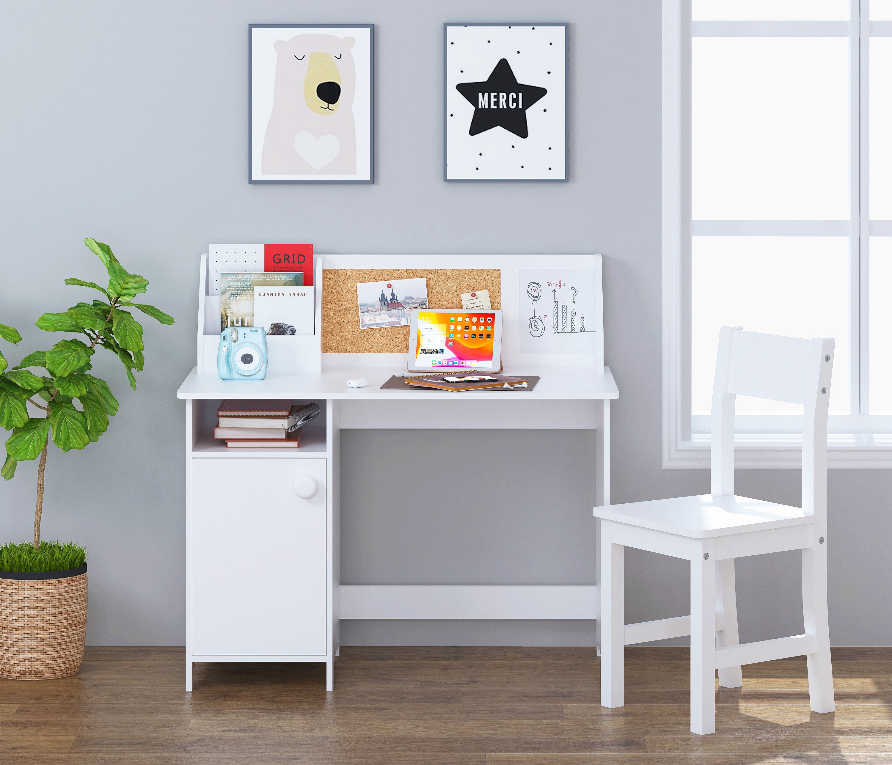 STAROUS Kids Study Desk with Chair, Wooden Study Table for 3-8 Years Old, Student's Workstation & Writing Table (White)