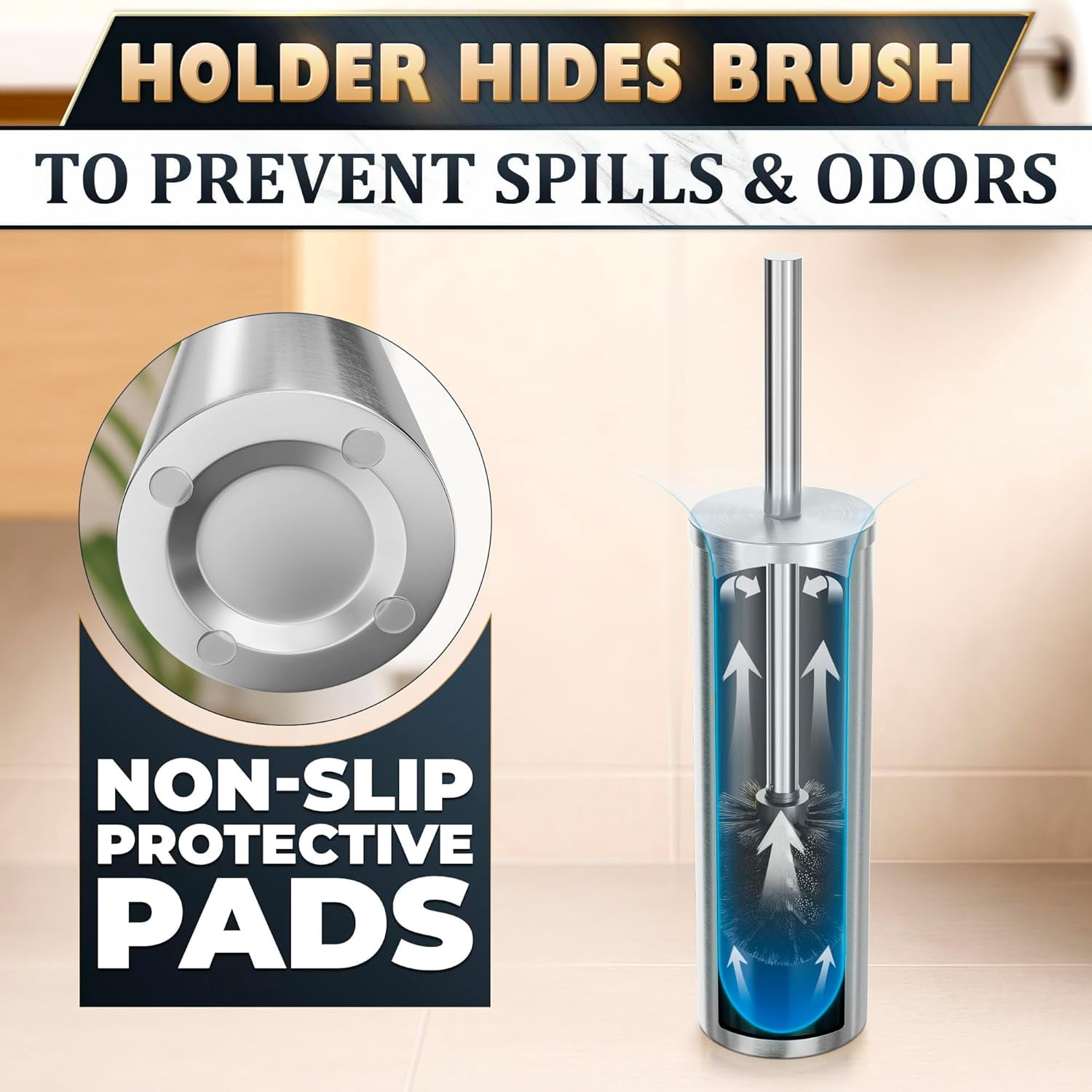 Silver Toilet Brush and Holder Set - Brushed Stainless Steel Gold Toilet Bowl Brush and Holder with Replacable Head, Removable Inner Bowl, and Splash Protection - Dense Bristles for Through Cleaning