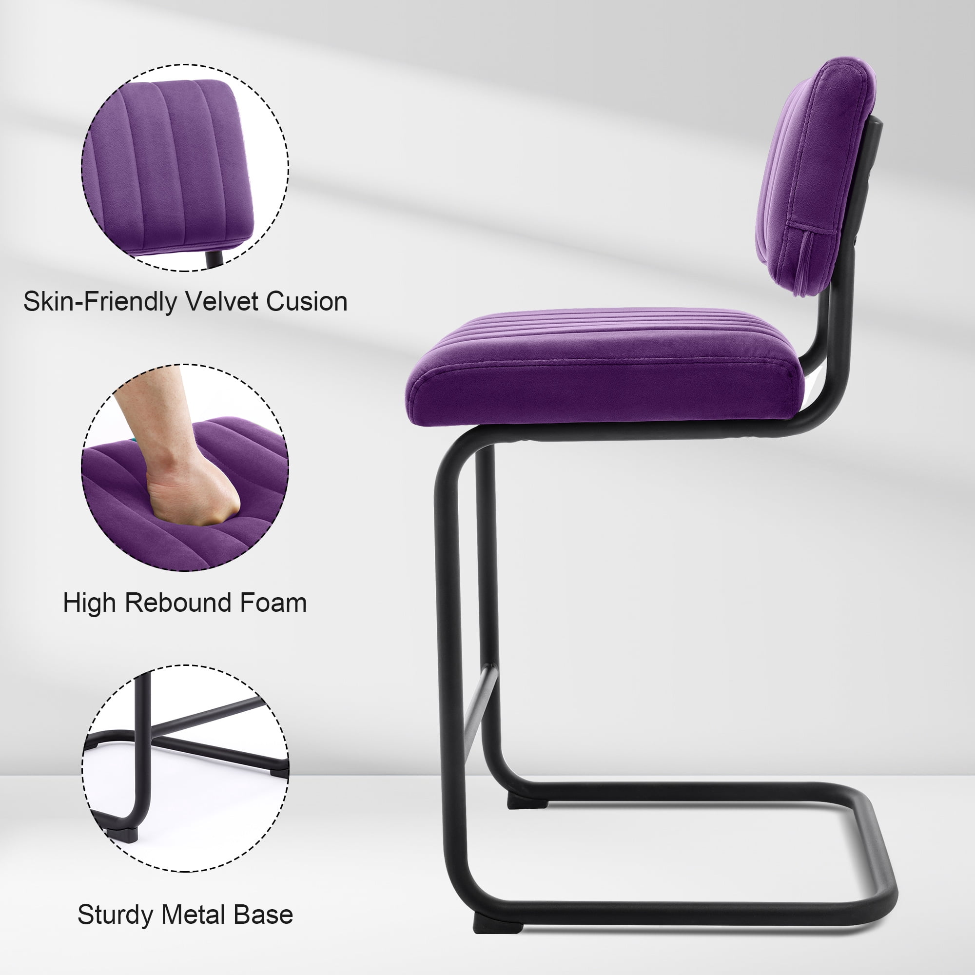 ONEVOG 24''H Counter Height Bar Stools Set of 2, Morden Counter Barstools with Velvet and Black Metal Legs, Upholstered Bar Stool for Kitchen Island, Purple