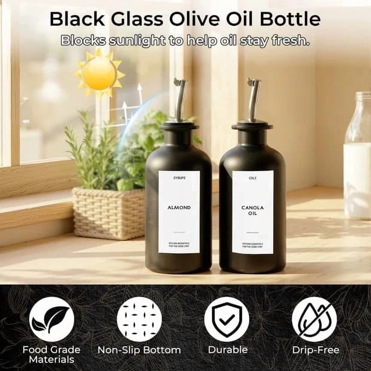 4PCS Olive Oil Dispenser Bottle For Kitchen, Soy Sauce Dispenser w. Labels, Glass Oil and Vinegar Dispenser Set, Coffee Syrup Dispenser，Cooking Oil Dispenser (Black,12OZ)