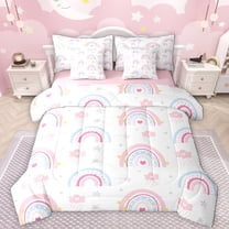 Manfei Cartoon Bohemain Rainbow 7-Piece Twin Bedding Sets,Clouds Stars Pattern Bedding Comforter Set,Pink White Blue Sheet Sets For Girls Teens,Luxury Bedroom Decor Reversible