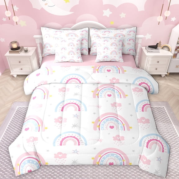 Manfei Cartoon Bohemain Rainbow 7-Piece Twin Bedding Sets,Clouds Stars Pattern Bedding Comforter Set,Pink White Blue Sheet Sets For Girls Teens,Luxury Bedroom Decor Reversible