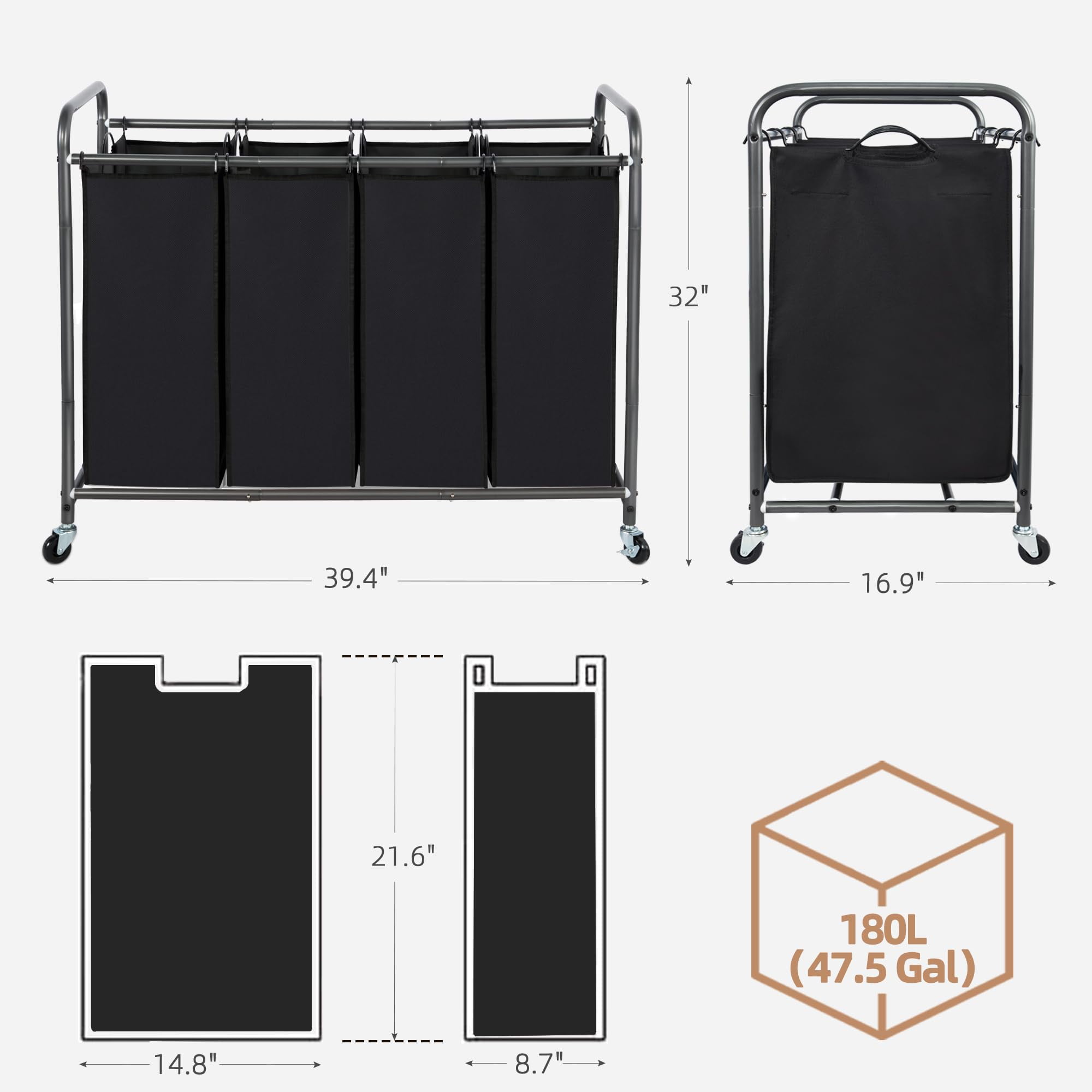 Laundry Sorter 4 Section, 47.8 Gal (181 L) Laundry Hamper with Wheels, Clothes Divider Basket Sorter, Clothes Separator Hamper Cart with Wheels and Removable Bags, Black