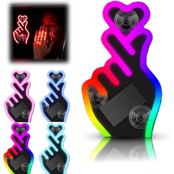 Solar-Powered Finger Heart Car Window Light, Solar Powered Wireless LED Heart Shape C-Pillar Neon Light, Car LED Ambient Lights, Romantic Window Ambient Lighting, Valentine's Day Gift (COLORFUL)