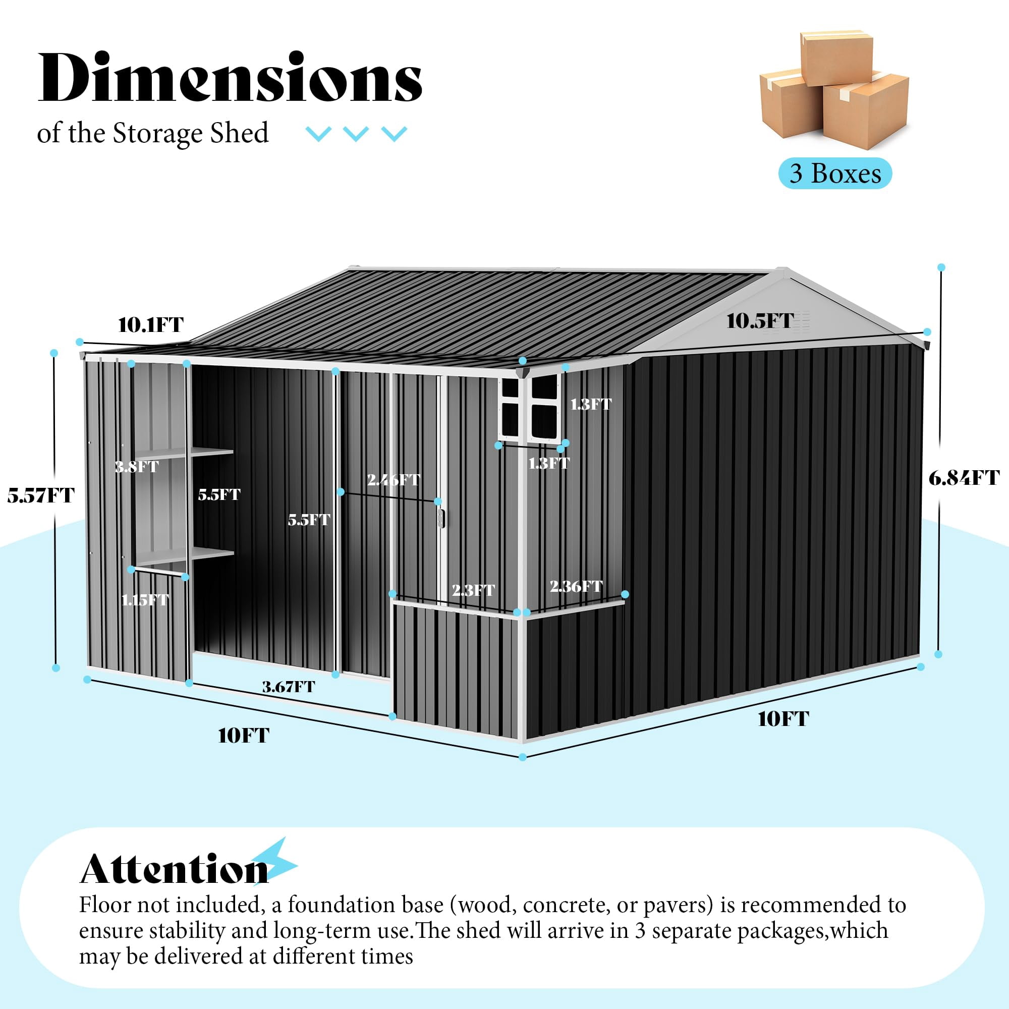 Jocisland 10x10.5x7 FT Metal Storage Shed, Dual-Zone Tool Shed with Work Area, Reinforced Frame, Gable Roof, Ventilated Design, Dark Grey