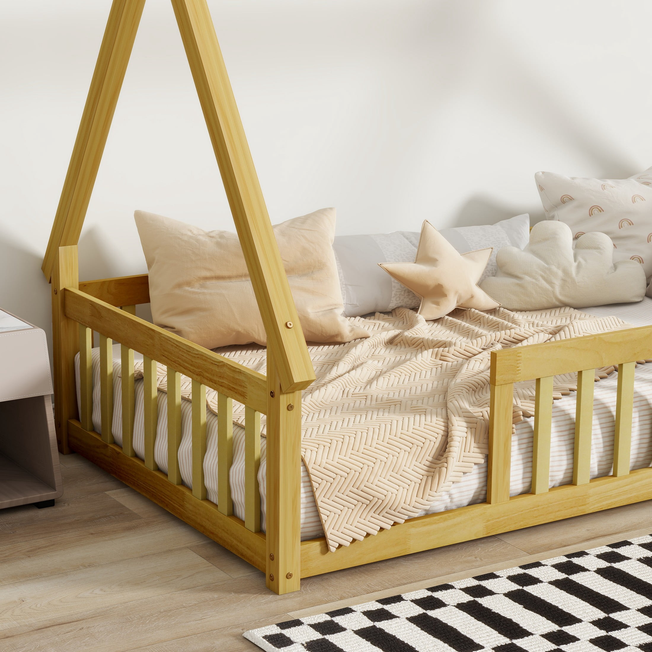 Alvantor Twin Size Montessori Bed for Kids, Teepee Tent Bed Frame with Guardrails and Slats, Natural