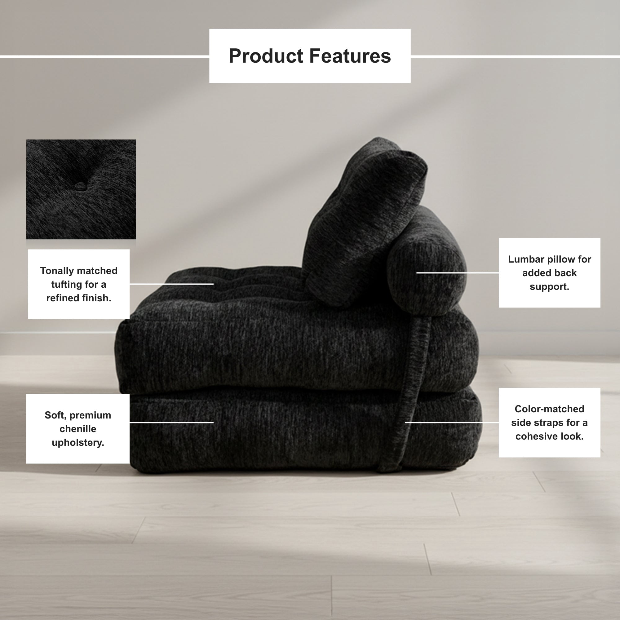 Oak and Birch Boneless Folding Sofa Bed, Convertible Floor Futon Chaise Lounge & Sleeper Bed, Shredded Foam Floor Couch for Living Room, Bedroom, Kids Room, Apartment, Chenille, Black