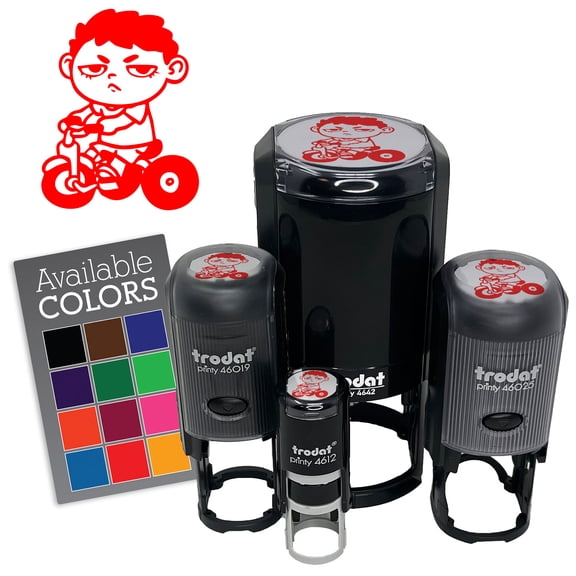 Bored Child Kid Boy On Tricycle Self-Inking Rubber Stamp Ink Stamper for Stamping Crafting Planners - Black Ink - Mini 1/2 Inch