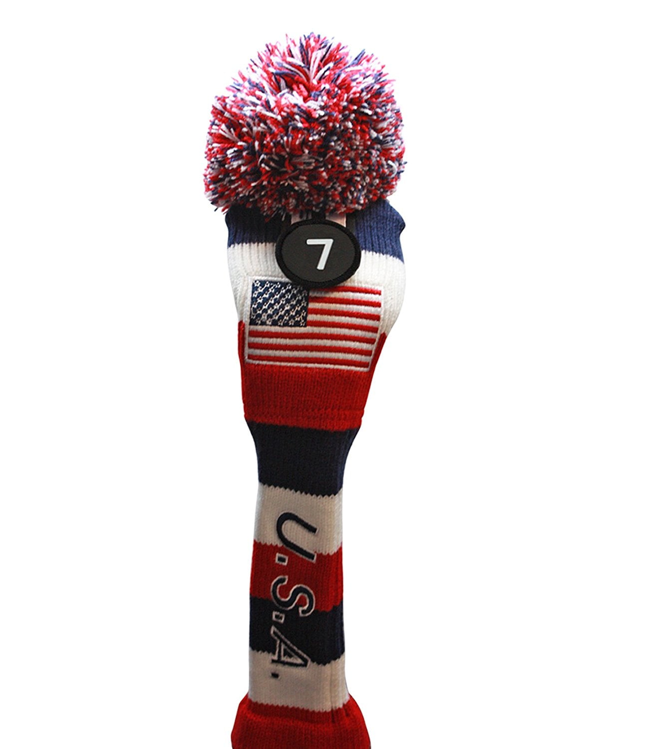 USA Majek Golf 3 4 5 6 7 8 9 Hybrid Set Headcovers Pom Pom Knit Limited Edition Vintage Classic Traditional Flag Stars Red White Blue Stripes Retro Head Cover 3-9 Set