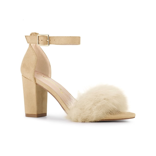 BLISSFUL STEP Women's Faux Fur Ankle Strap Block Heel Open Toe Sandals Beige 6
