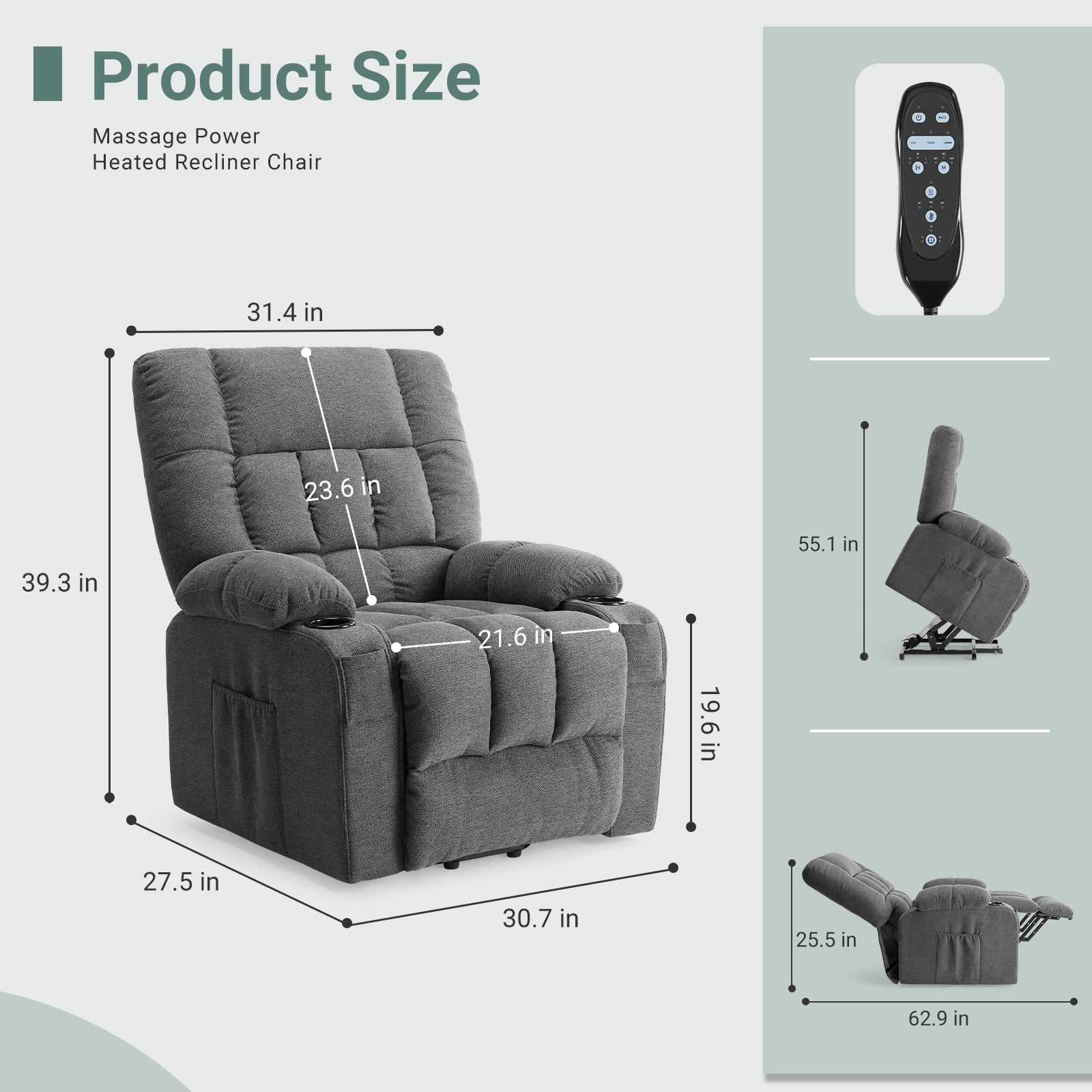 GIANNA Lift Recliner Chair for Elderly, With Massage and Heating, Lumbar Support, Remote Control, Gray