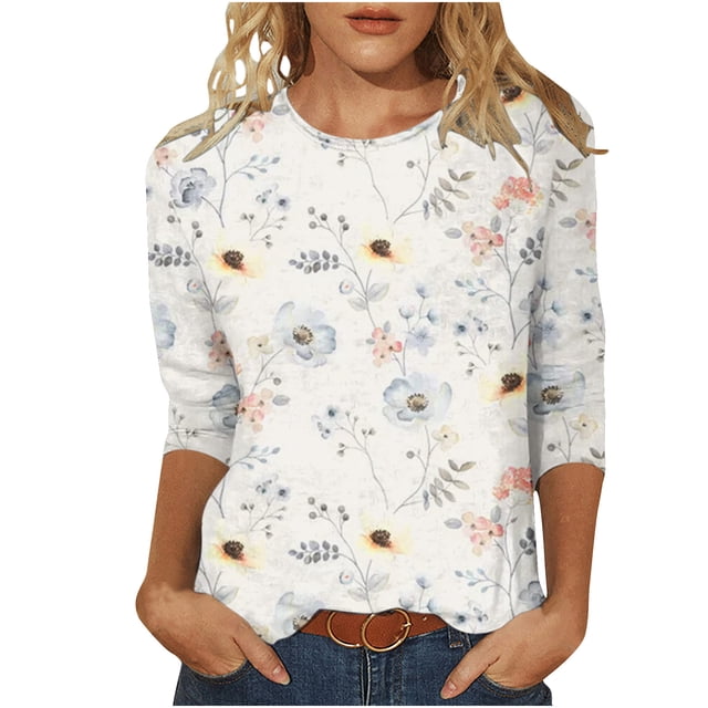 Birdeem T-Shirt Imprimé Mode pour Femmes Manches 3/4 Mi-Longueur Blouse Col Rond Hauts Décontractés