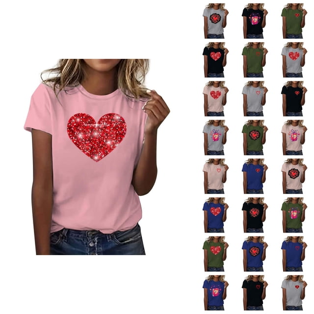 T-shirt Femme Saint-Valentin 2026 Mode Manches Courtes Col Rond Cœur Graphique