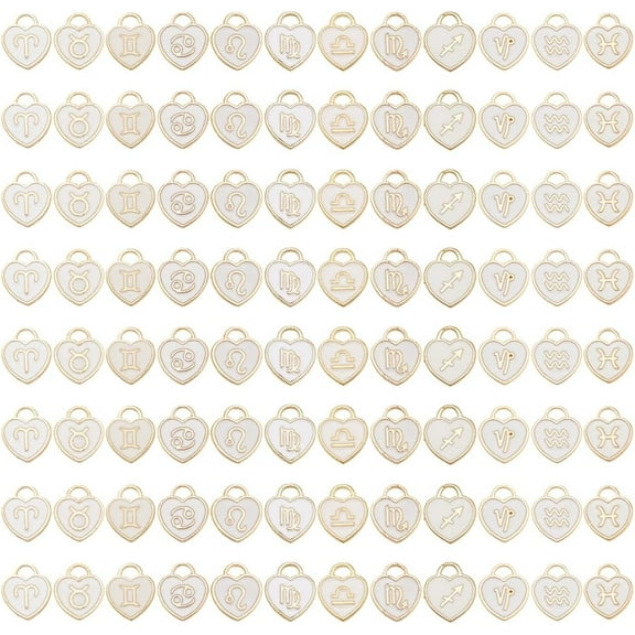 96 Pcs Twelve Constellation Heart Charms 12 Styles Zodiac Sign Pendants White Enamel Love Heart Charms for DIY Earrings Necklace Bracelet Jewelry Making