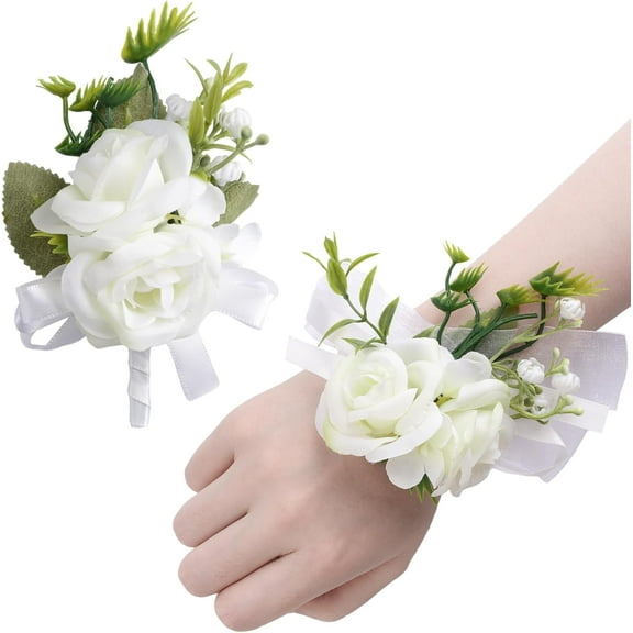 Wrist Corsage Boutonniere Set, 2Pcs White Rose and Ribbon Artificial Corsage Flower Bracelet Wristband Hand Flower Corsage Bouquet
