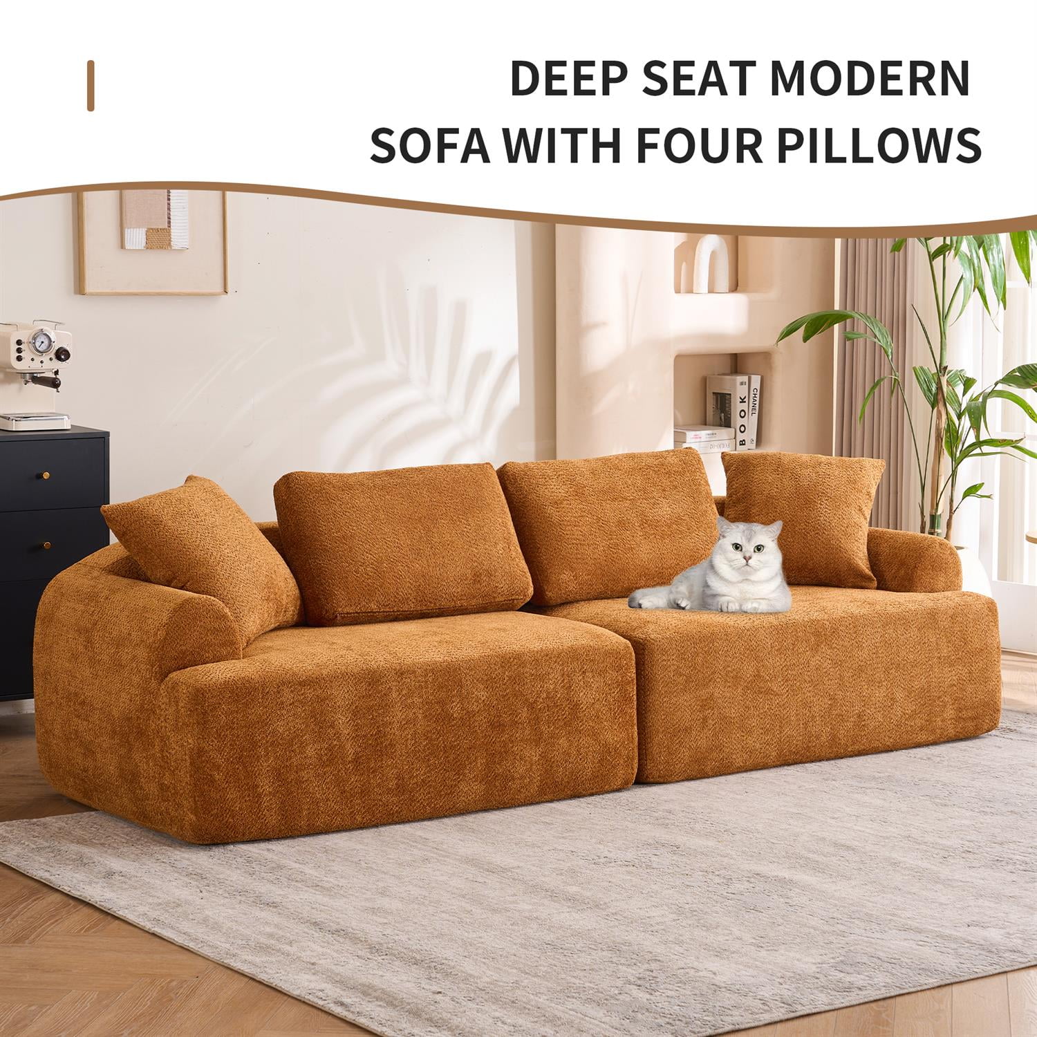 Demi Bonn 103" 4-Seater Crochet Yarn Fabric Sofa with Full Sponge for Living Room, 4 Pillows for Living Room, Office, Modern Couch Furniture, Orange