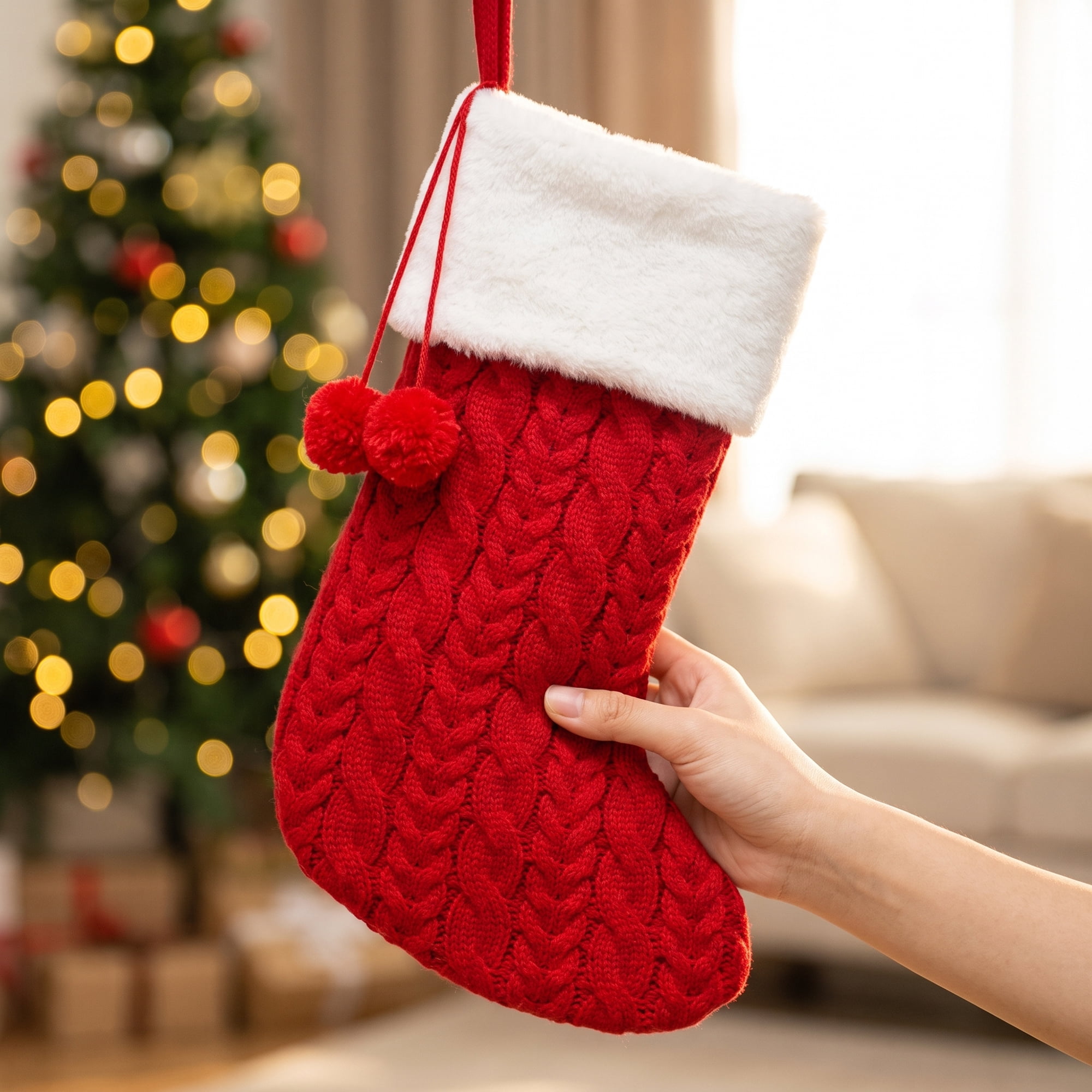 Unique Bargains Crimson Bowknot Stocking Luxury Double Layer Velvet Sock Red 16"