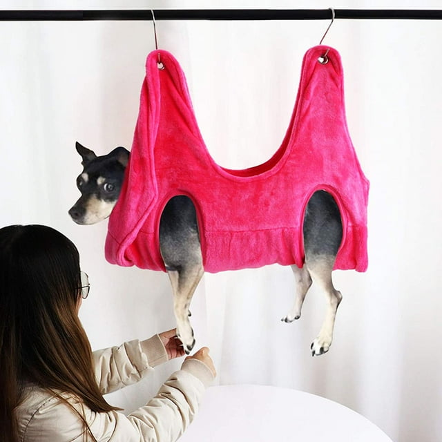 Dog Grooming Sling Hammock for Small Medium Dogs, Relaxation Restraint Cat Grooming Sling Bag for Grooming Trimming Nail & Pets Bathing, with 2 Hooks(Rose Red,L)