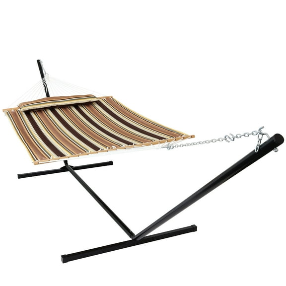 Sunnydaze 2-Person Quilted Polyester Spreader Bar Hammock with Stand, 400 lb Capacity - Sandy Beach