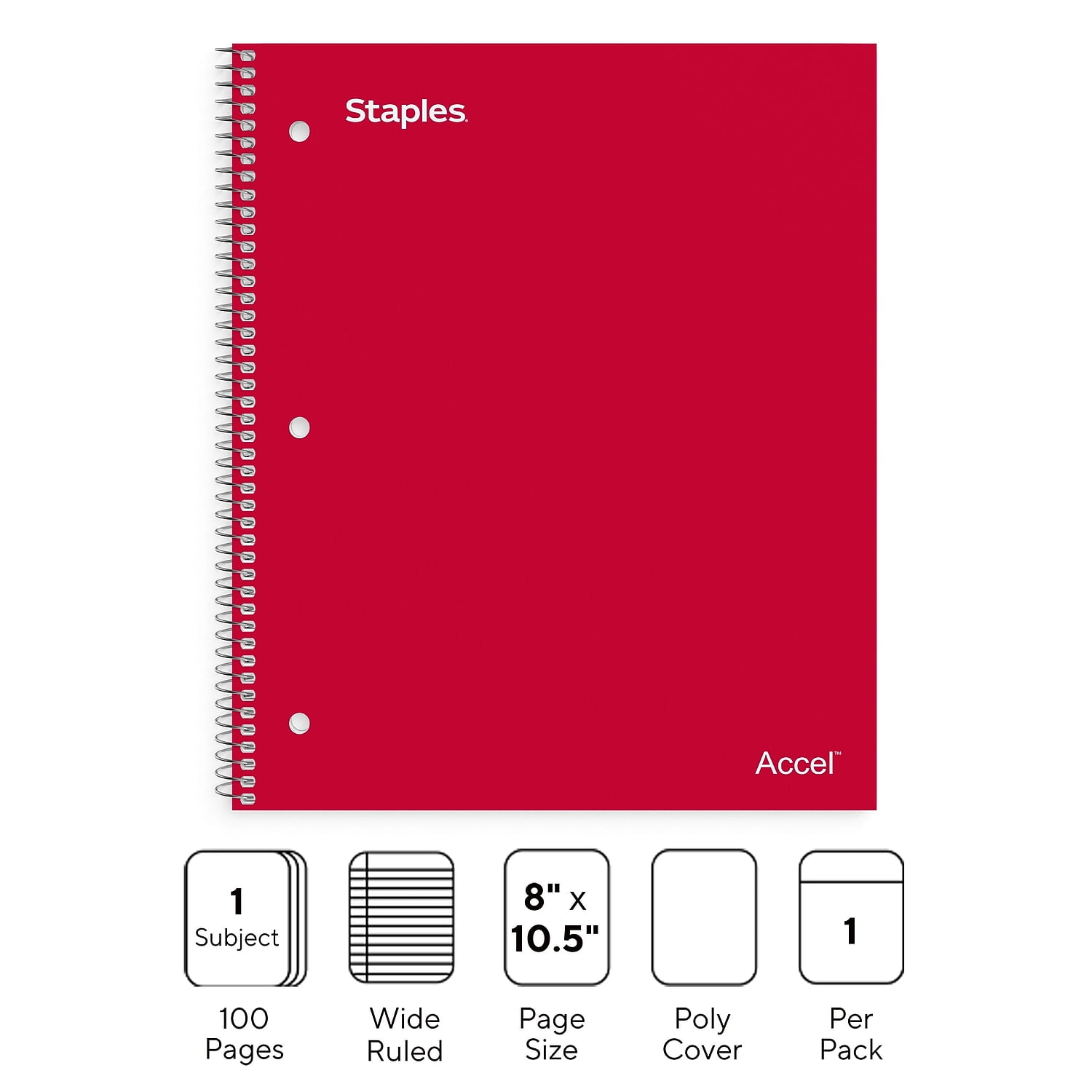 Staples Accel Durable Poly Cover 1 Sub Notebook Wide Ruled 8" x 10-1/2" Red 919365