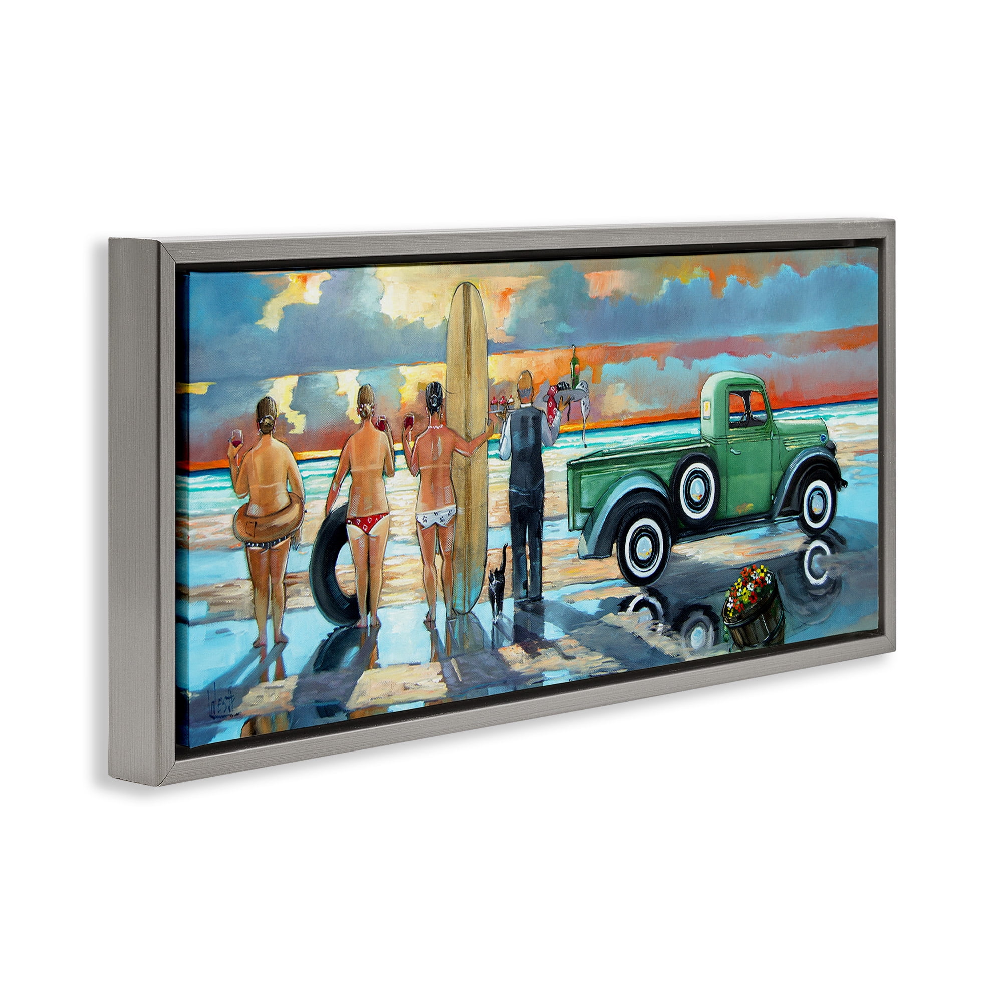 Stupell Industries Butler Serving Beach Girls Scene Nature Painting Gray Floater Framed Canvas Art Print Wall Art, 25 x 11