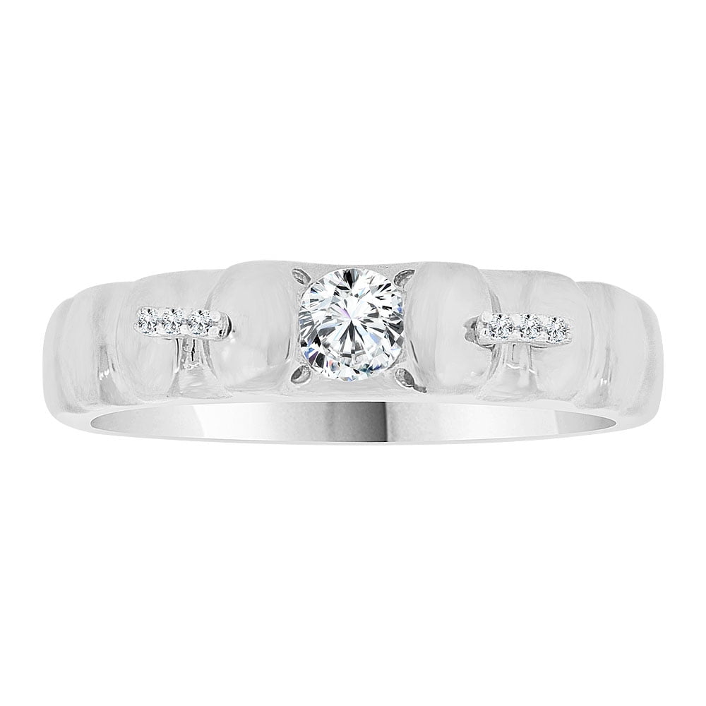 Man Guy Gent Wedding Band Ring Created CZ Crystals White Rhodium Plated Metal 