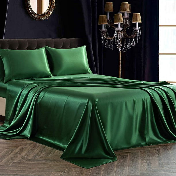 HTOOQ 3Pcs Satin Sheet Set Twin Size Ultra Silky Soft Emerald